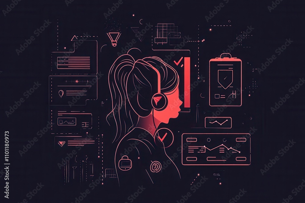 Aufkleber a stylized illustration of a woman with headphones, surrounded by digital data and graphs, represent