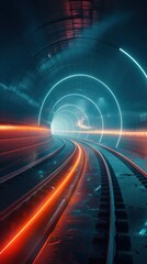 Futuristic illuminated underground tunnel with glowing transportation trails and curved architectural elements  Abstract digital city landscape scene with motion speed and advanced energy