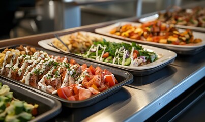 Obraz premium Buffet serving trays filled with variety of delicious food, Generative AI 