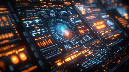 Obraz premium Futuristic digital interface with glowing lines, numbers, and icons.