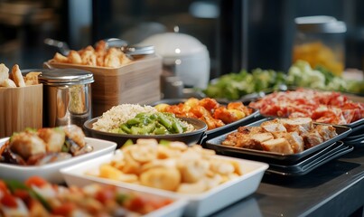Obraz premium Buffet serving trays filled with variety of delicious food, Generative AI 