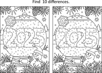 Obraz premium Year 2025 snow globe difference game and coloring page with cute little snowman, cheerful snowflake and outdoor winter scene 