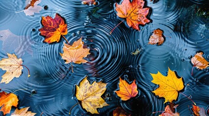 Autumn Leaves Floating in Rippling Water