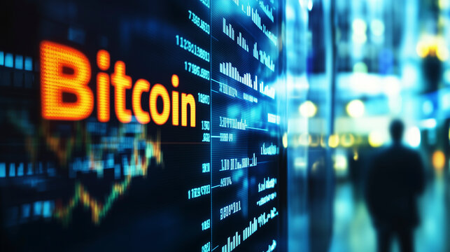 Gelbe Leuchtreklame BITCOIN - Darstellung der Kryptow&auml;hrung BITCOIN auf gro&szlig;em Monitor, Kyptohandel der weltweit st&auml;rkste Kryptow&auml;hrung