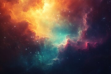 Fototapeta premium A vibrant nebula in space with swirling clouds of gas and dust in shades of red, orange, green, and blue.
