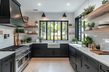 Obraz premium Modern kitchen with black and white contrast and open shelving