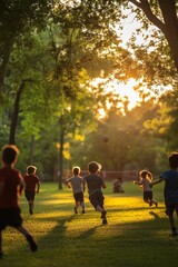Obraz premium Children chase soccer ball, golden sunset park.