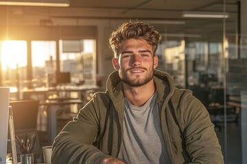 Obraz premium A young man with a friendly smile sits in a sunlit environment, showcasing a casual style and relaxed demeanor.