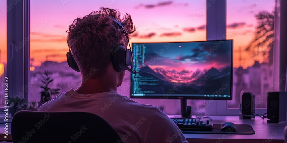 Poster A person sits at a computer, coding while enjoying a vibrant sunset view through the window, with headphones on, creating a serene and focused atmosphere.