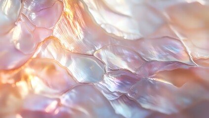 Abstract iridescent shell texture, close-up view of mother of pearl's captivating surface. Shimmering, delicate, and luxurious texture.