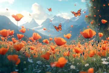 Obraz premium A field of vibrant orange poppies with snow capped mountains in the background and butterflies flying above.