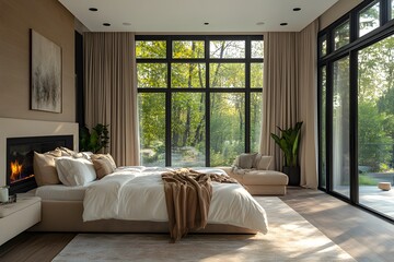 Fototapeta premium Luxury bedroom with fireplace and floor-to-ceiling windows