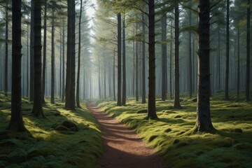 Fototapeta premium there is a path in the middle of a forest with moss on the ground