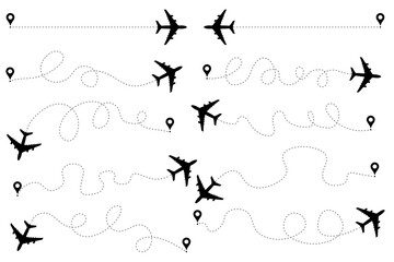Obraz premium A vector collection of icons illustrating an aircraft flight route, featuring a starting point and a dashed line trajectory.
