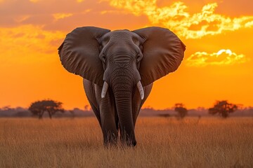 Obraz premium A lone African elephant stands in a field at sunset, looking directly at the camera.