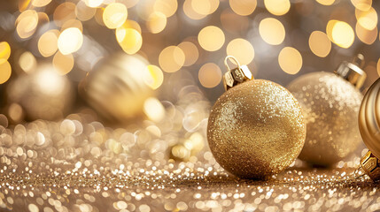 Golden Christmas ornaments on festive background