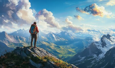Hiker on mountaintop, breathtaking valley view.