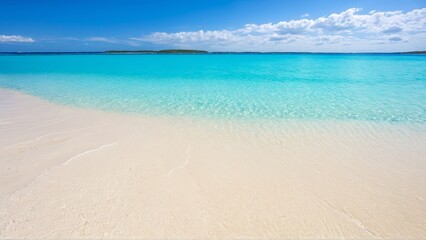 Obraz premium Tranquil tropical beach with crystal clear waters and white sands under a blue sky