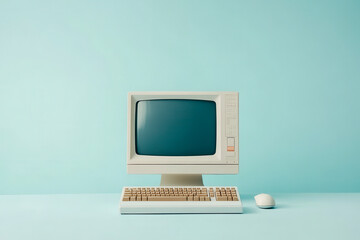 A retro computer setup on a minimalist blue background, featuring an old monitor, keyboard, and mouse.