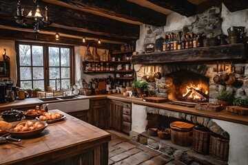 Fototapeta premium Rustic farmhouse kitchen with wooden beams and vintage decor