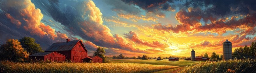 Stunning Sunset Over Idyllic Countryside with Red Barns and Silos Under Dramatic Sky