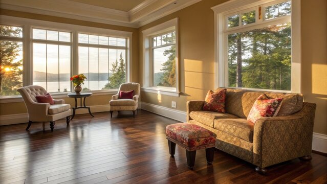 Natural light dances across the polished hardwood floors enhancing the warm tones of the walls. The customized seating arrangement beneath the windows is accented with vibrant