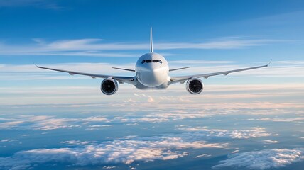 Fototapeta premium A cinematic medium shot of a flying airplane with a blank livery. The airplane is flying over a vast expanse of clouds. The background is a clear blue sky with a few scattered clouds. 