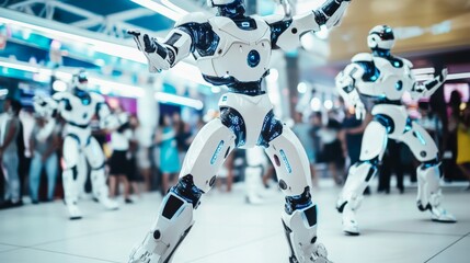 Robotic entertainers performing futuristic dance routines at a technology-themed amusement park, entertainment venue with robotic performers, Futuristic Entertainment style