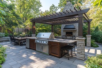 Outdoor kitchen with barbecue grill and dining area