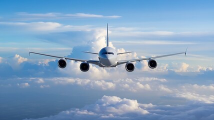 Naklejka premium A cinematic medium shot of a flying airplane with a blank livery. The airplane is flying over a vast expanse of clouds. The background is a clear blue sky with a few scattered clouds. 