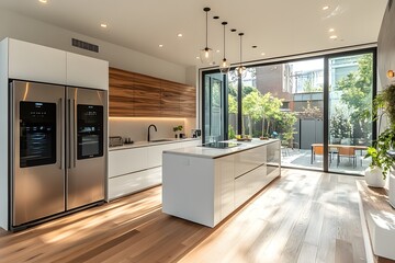 Obraz premium Modern kitchen with high-tech touchscreen refrigerator