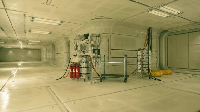 A sleek corridor in a space facility is lined with advanced equipment and storage systems. The well lit area showcases a minimalist design for efficient functionality and safety.