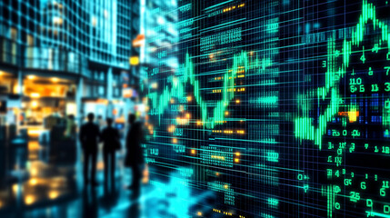 Alltag an der Wall Street mit volatilen Kursentwicklungen, Darstellung von Aktienm&auml;rkten auf gro&szlig;em Monitor, B&ouml;rsenhandel Kursverlauf und Kursschwankungen