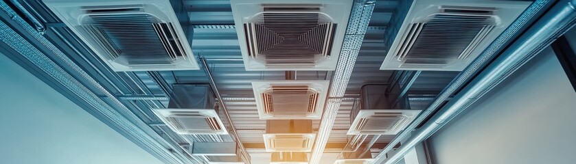 Obraz premium Modern Industrial Ceiling with Ventilation Ducts and Lighting in a Contemporary Building Interior