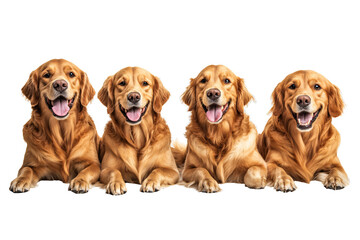 Golden retriever dog lying down with happy expression, isolated on white background.