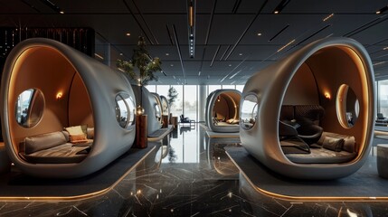 Fototapeta premium Innovative and Cozy Office Pods Providing Comfort Relaxation and Increased Productivity in a Contemporary Futuristic and Stylish Workspace Design