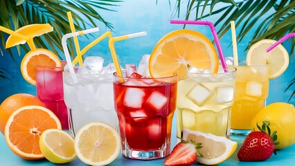 Summer drinks in glasses with cubes of ice and straws, and slices of fruits on blue background