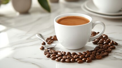 Fototapeta premium A cup of coffee surrounded by coffee beans on a marble surface.