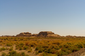 A desert landscape with a mountain in the background