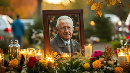 A framed portrait of a deceased man sits amidst lit candles and autumnal flowers at a memorial service.