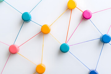 Colorful connected dots forming web on white background, showcasing minimalist design. This evokes sense of creativity and connection