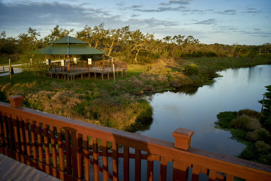 A peaceful scene with a wooden deck and gazebo.