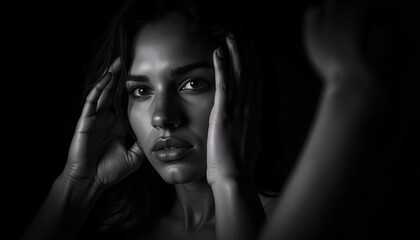 Fototapeta premium Black and White Portrait of a Woman with Hands Framing Her Face, Expressive Eyes, and Dramatic Shadows in Low-Key Lighting Style