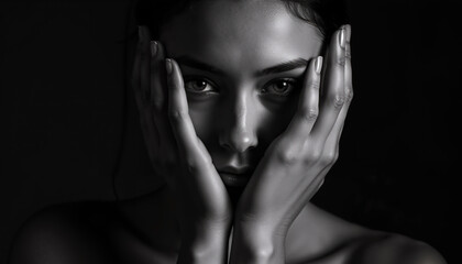 Fototapeta premium Black and White Portrait of a Woman with Hands Framing Her Face, Expressive Eyes, and Dramatic Shadows in Low-Key Lighting Style