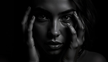 Fototapeta premium Black and White Portrait of a Woman with Hands Framing Her Face, Expressive Eyes, and Dramatic Shadows in Low-Key Lighting Style