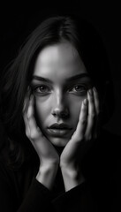 Fototapeta premium Black and White Portrait of a Woman with Hands Framing Her Face, Expressive Eyes, and Dramatic Shadows in Low-Key Lighting Style
