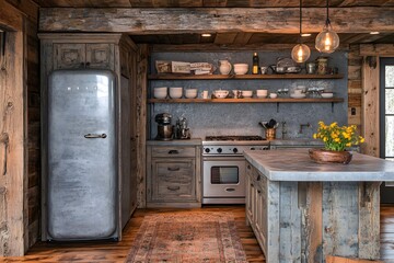 Rustic kitchen with vintage refrigerator and open shelving