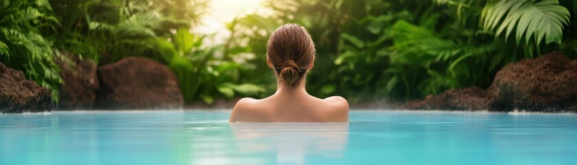 Serene woman relaxing in the tranquil Blue Lagoon spa, surrounded by calming blue waters and lush greenery.