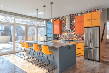 Obraz premium Kitchen with colorful cabinets and patterned tiles