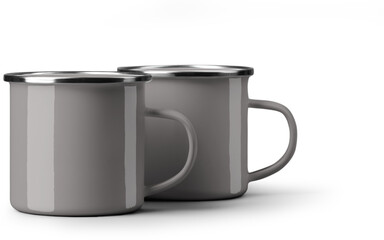 Mockup of two gray enamel mug close-up, png